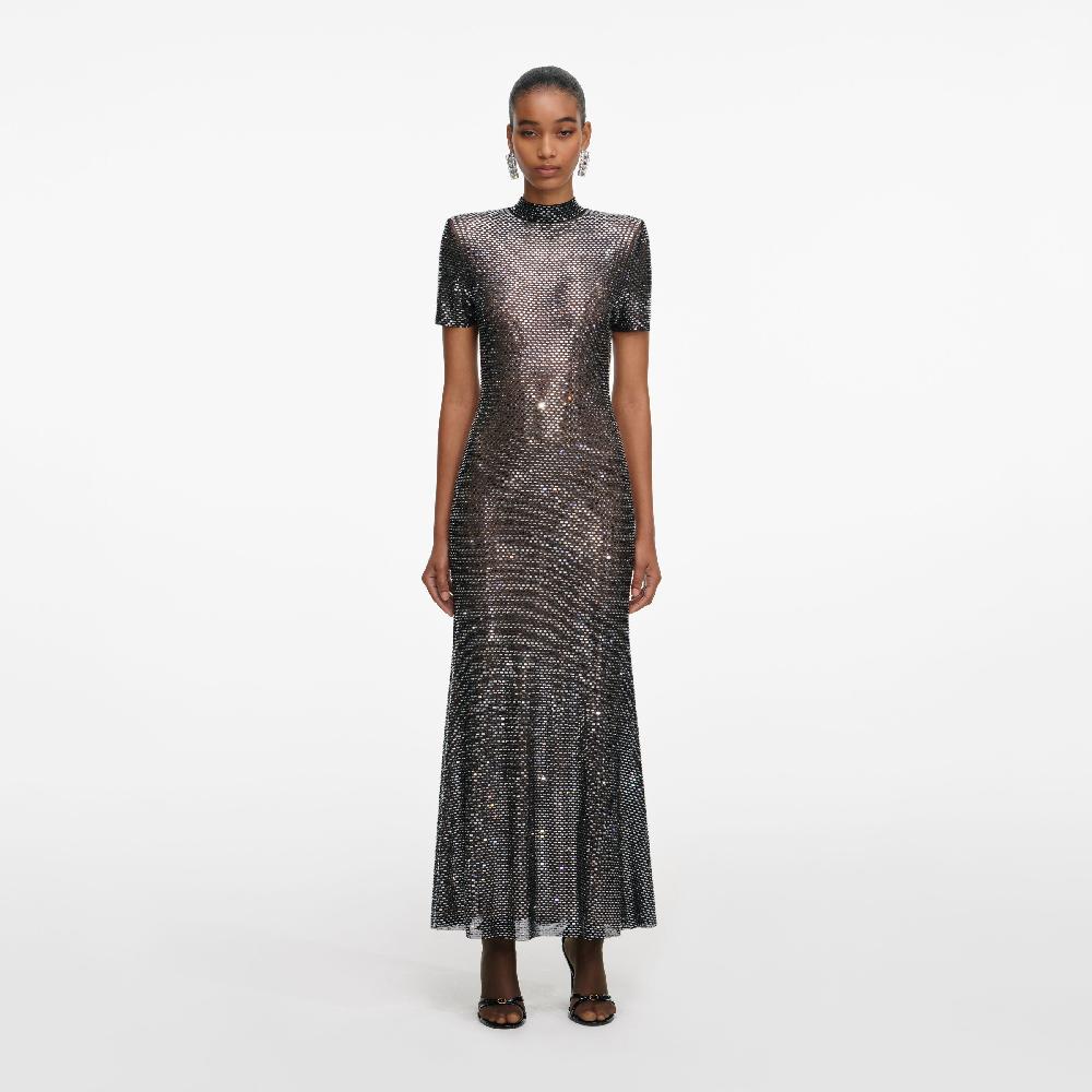 self portrait Gunmetal Rhinestone Mesh Midi Dress CLOTHING