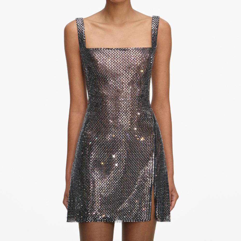 Self Portrait Gunmetal Rhinestone Mesh Mini Dress CLOTHING