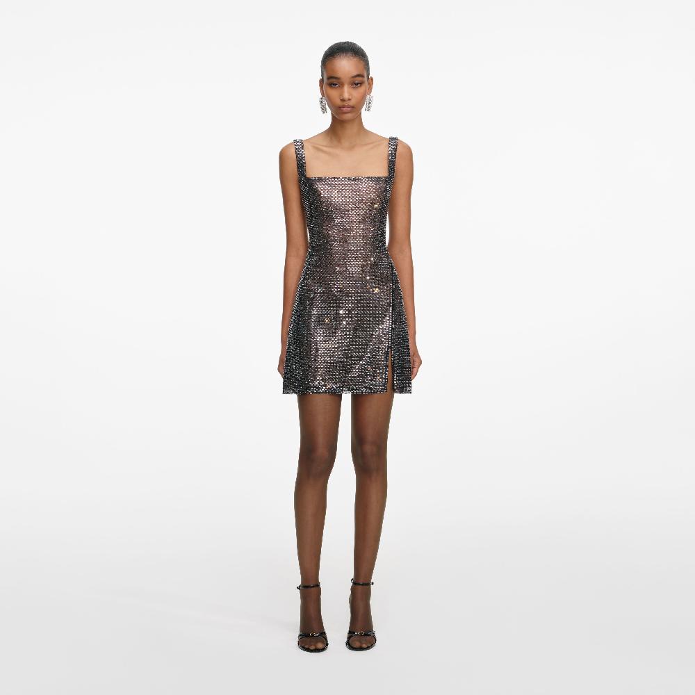 self portrait Gunmetal Rhinestone Mesh Mini Dress CLOTHING