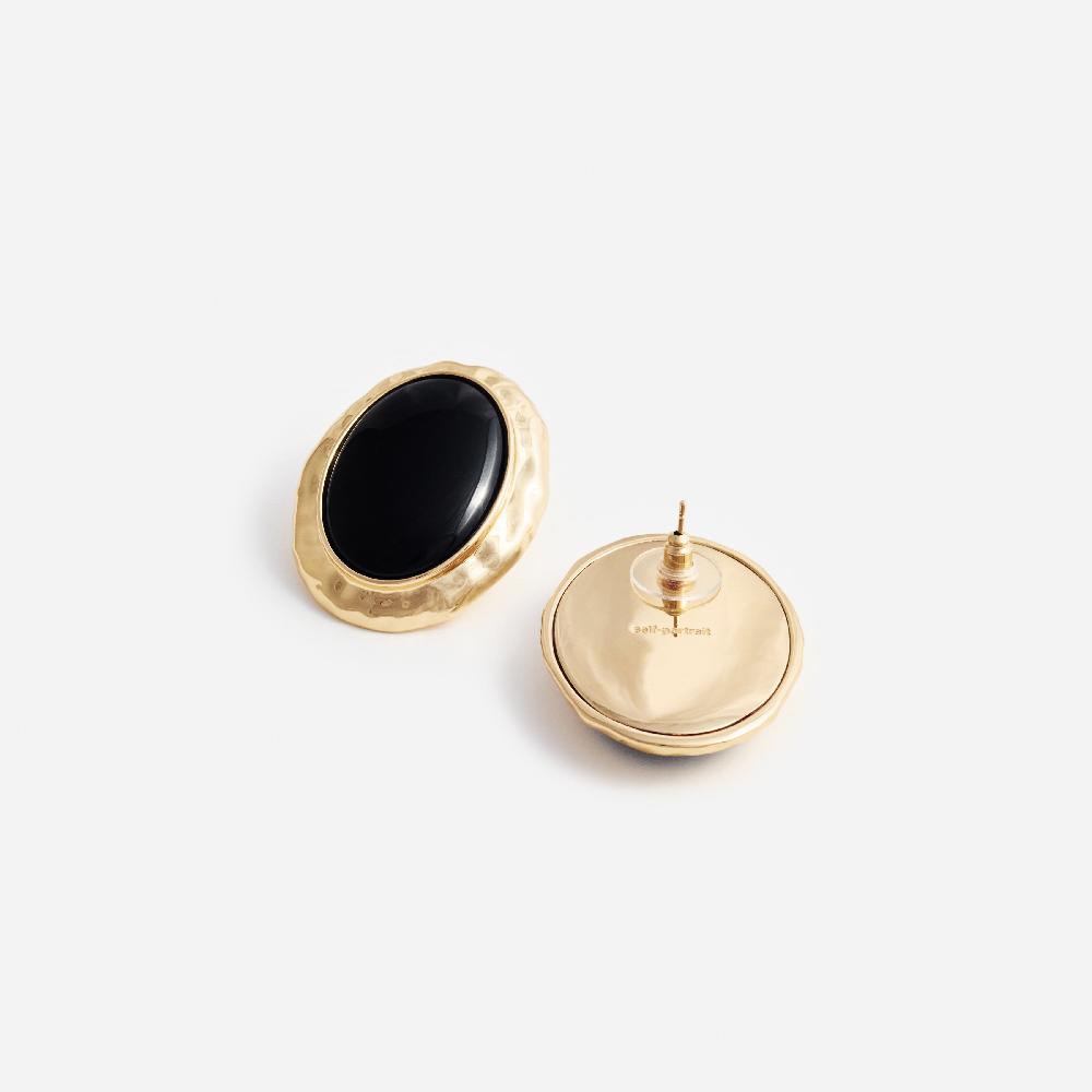 Self Portrait Hammered Gold Black Earrings JEWELLERY