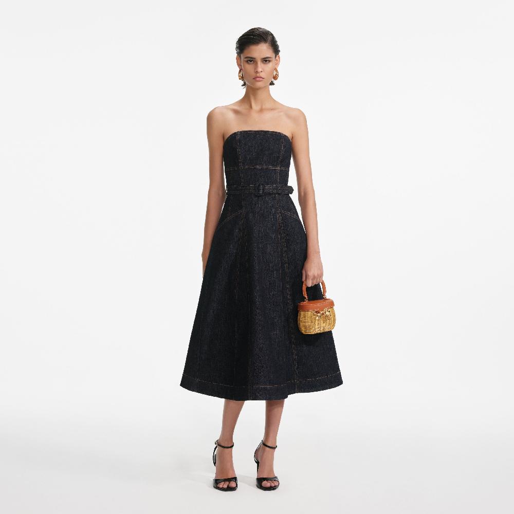 self portrait Indigo Denim Bandeau Midi Dress CLOTHING