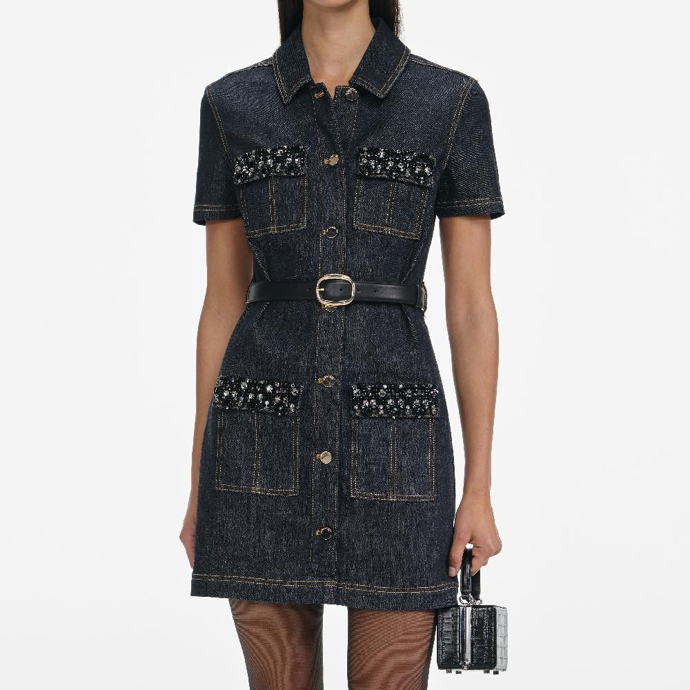Self Portrait Indigo Denim Crystal Trim Mini Dress CLOTHING