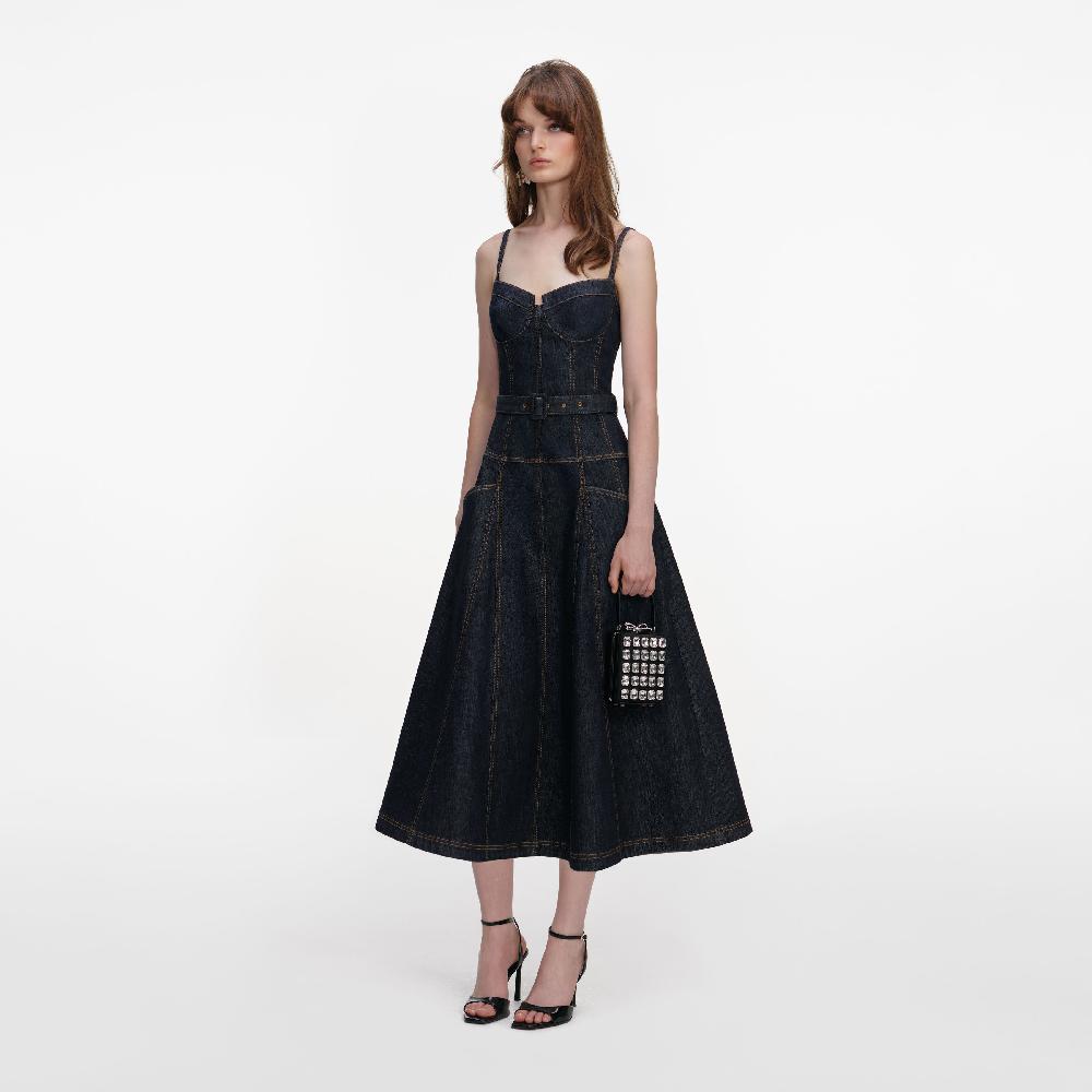 Self Portrait Indigo Denim Flared Midi Dress CLOTHING