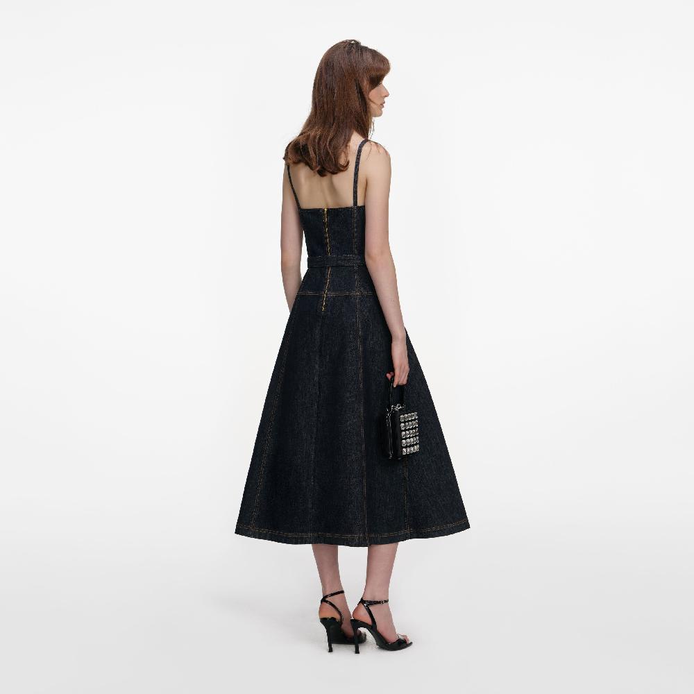 Self Portrait Indigo Denim Flared Midi Dress CLOTHING