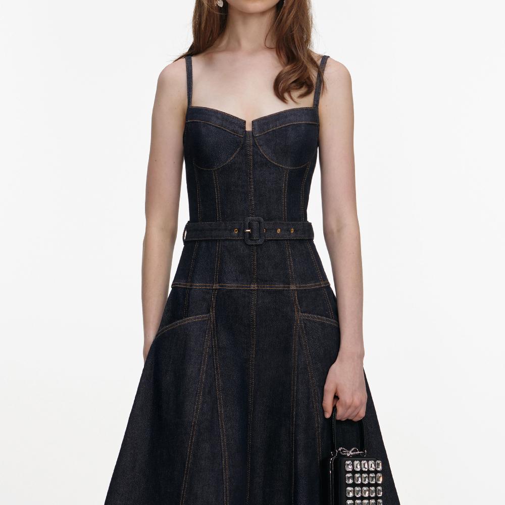 Self Portrait Indigo Denim Flared Midi Dress CLOTHING