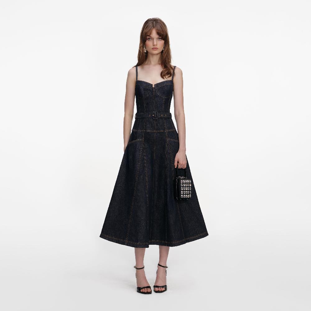self portrait Indigo Denim Flared Midi Dress CLOTHING