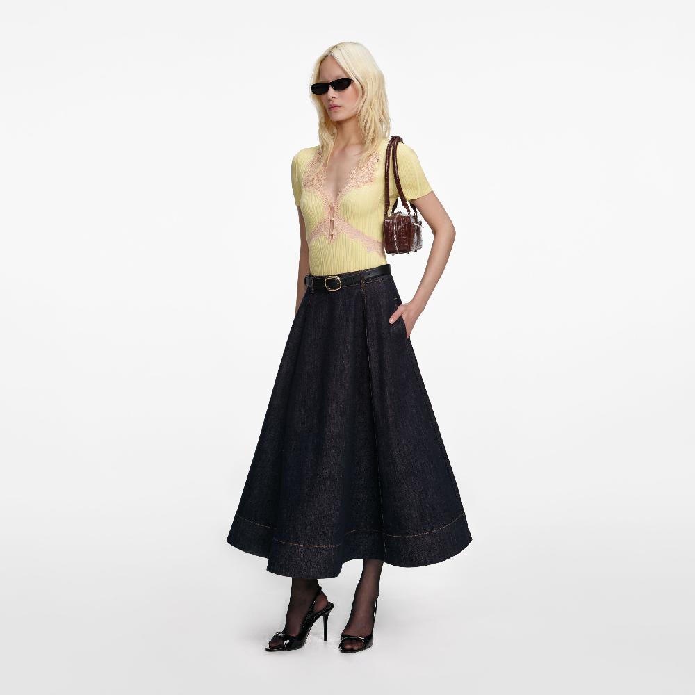 Self Portrait Indigo Denim Flared Midi Skirt CLOTHING