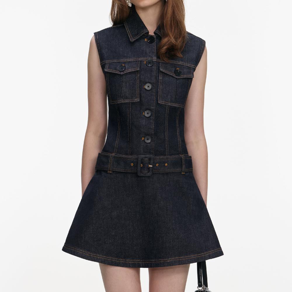 Self Portrait Indigo Denim Flared Mini Dress CLOTHING