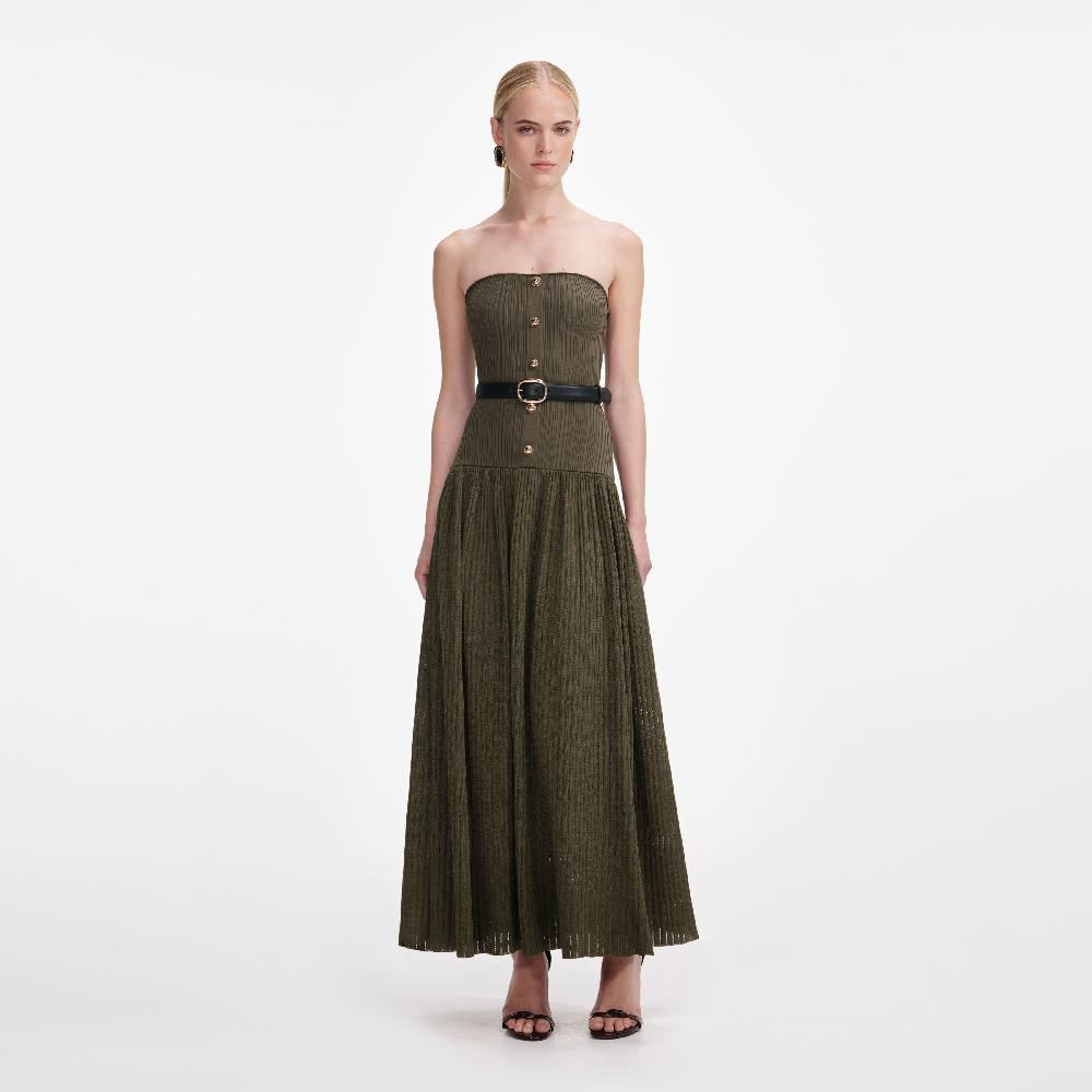 self portrait Khaki Bandeau Knit Midi Dress CLOTHING