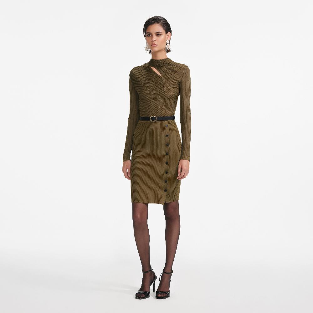 Self Portrait Khaki Cut Out Rib Knit Mini Dress CLOTHING