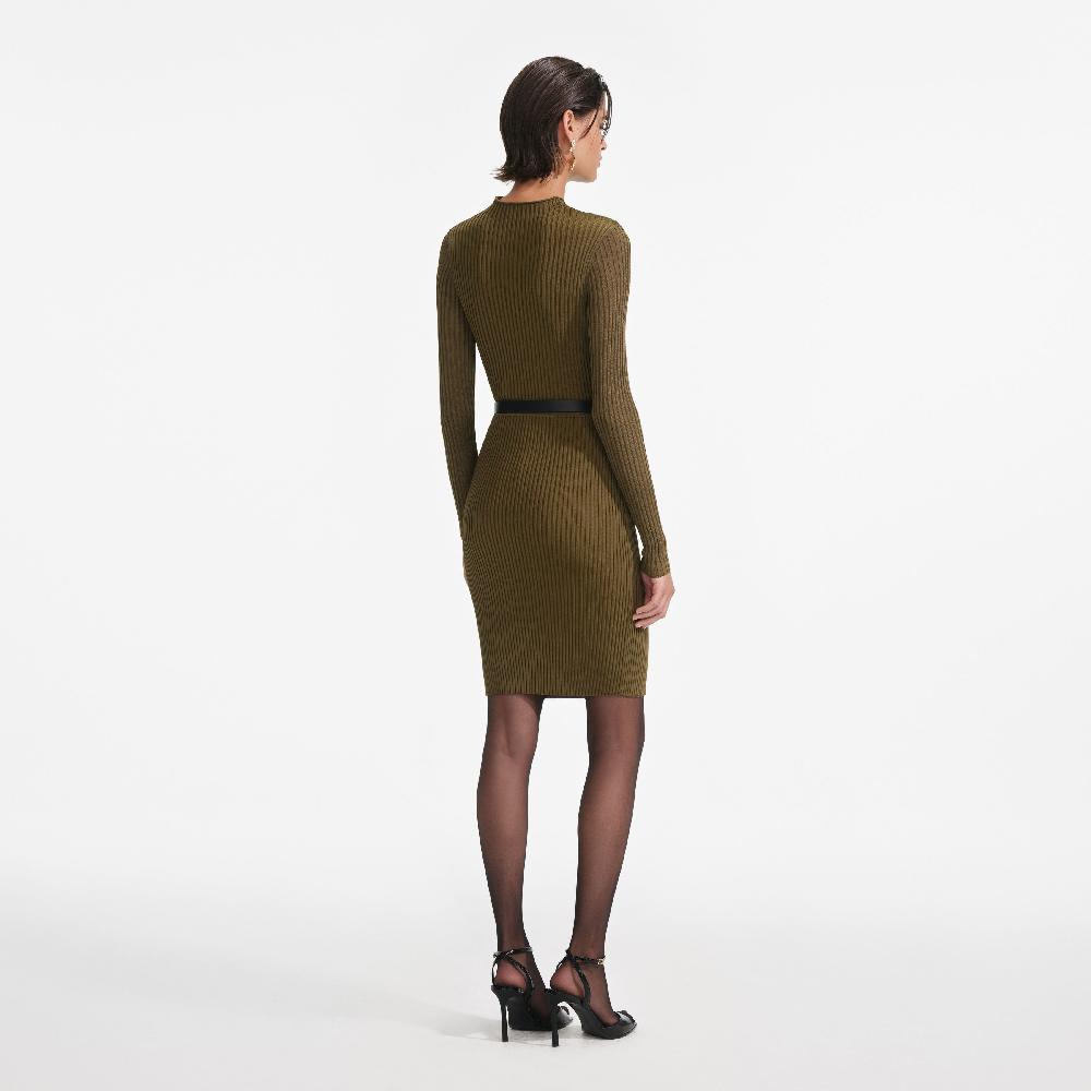 Self Portrait Khaki Cut Out Rib Knit Mini Dress CLOTHING
