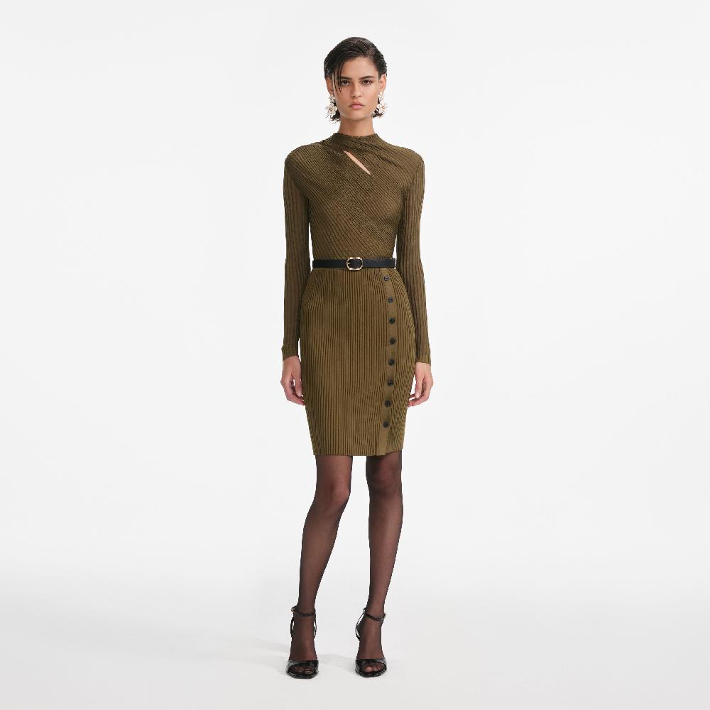 self portrait Khaki Cut Out Rib Knit Mini Dress CLOTHING