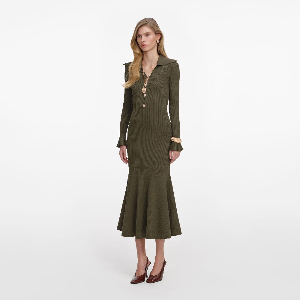 Self Portrait Khaki Pointelle Knit Midi Dress CLOTHING