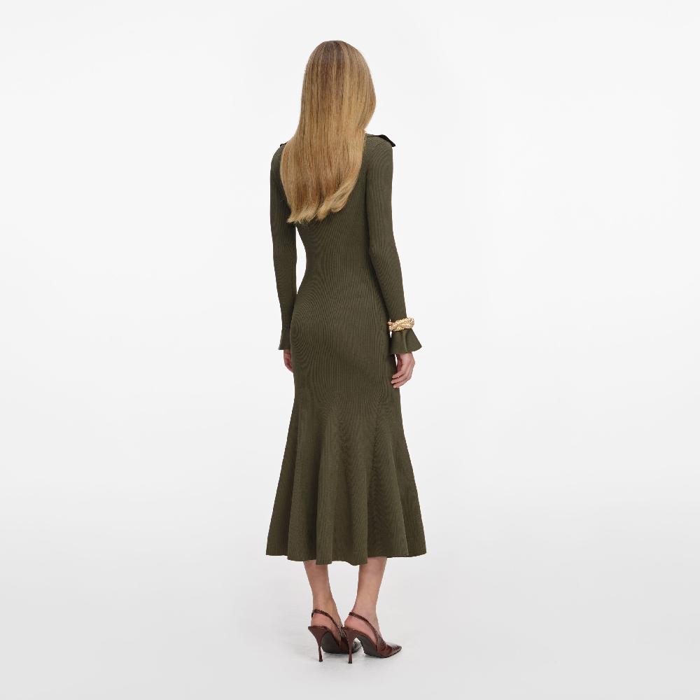 Self Portrait Khaki Pointelle Knit Midi Dress CLOTHING