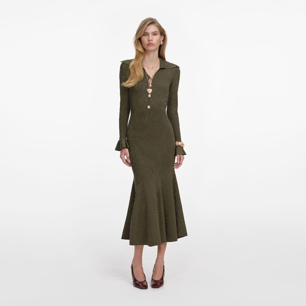 self portrait Khaki Pointelle Knit Midi Dress CLOTHING