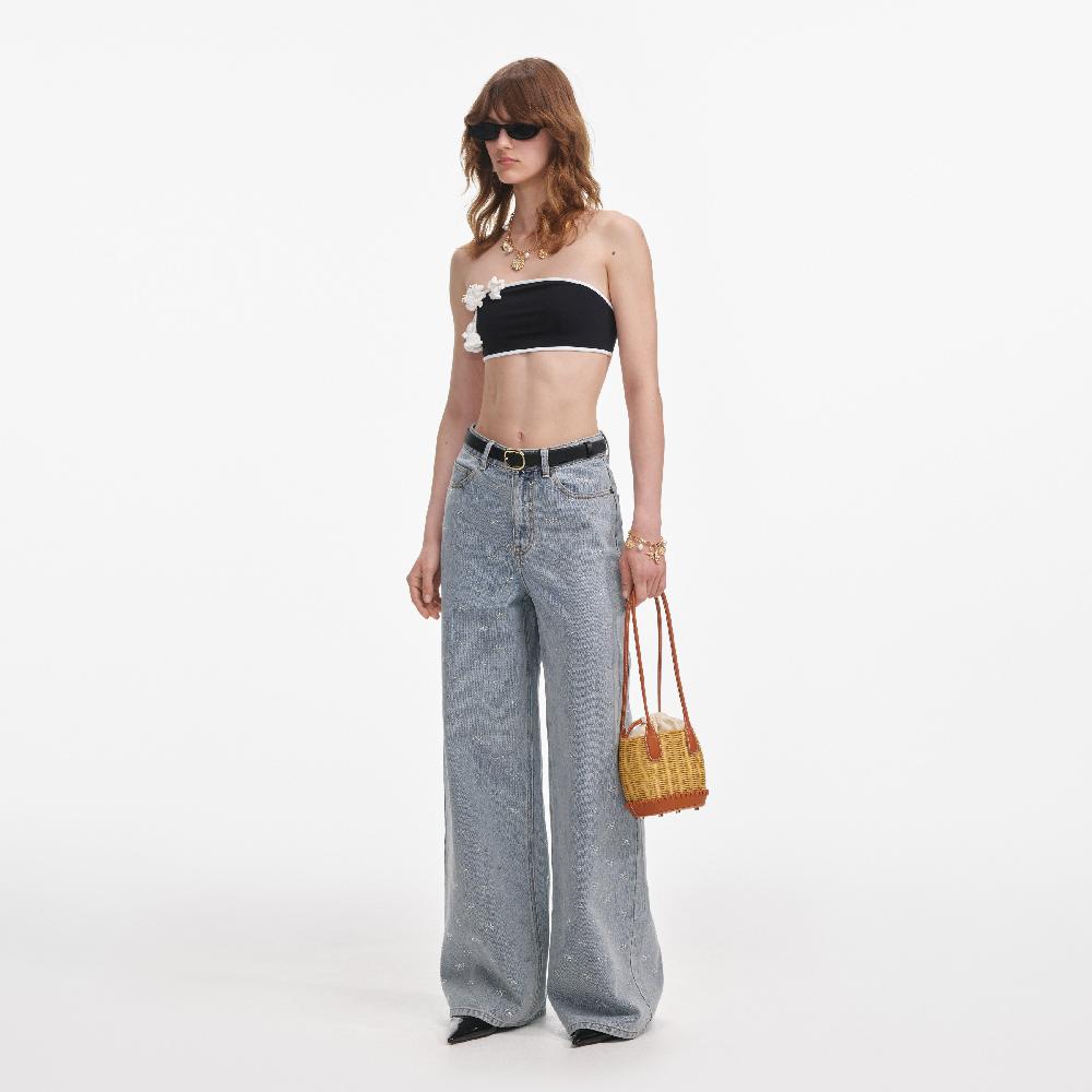 Self Portrait Light Blue Diamante Bow Jeans CLOTHING