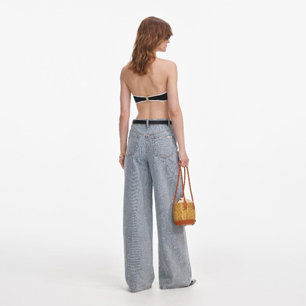 Self Portrait Light Blue Diamante Bow Jeans CLOTHING