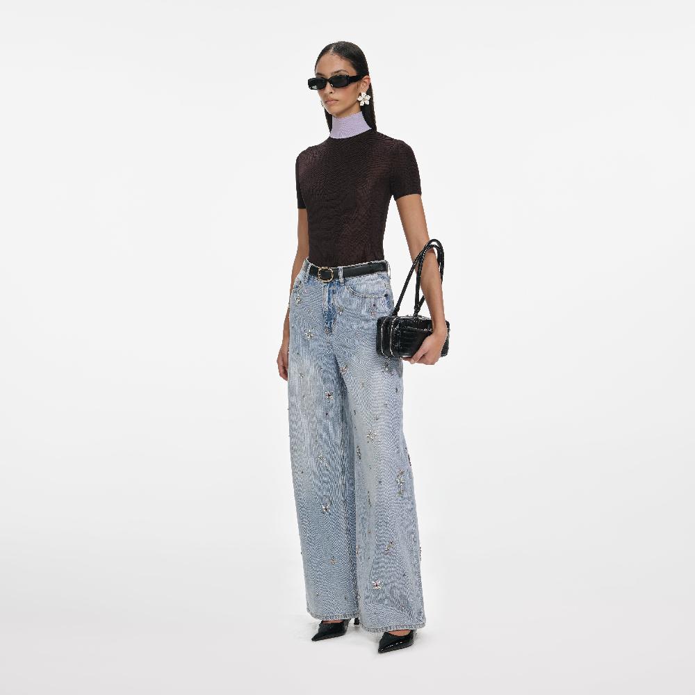 Self Portrait Light Blue Embellished Wide Leg Jeans CLOTHING