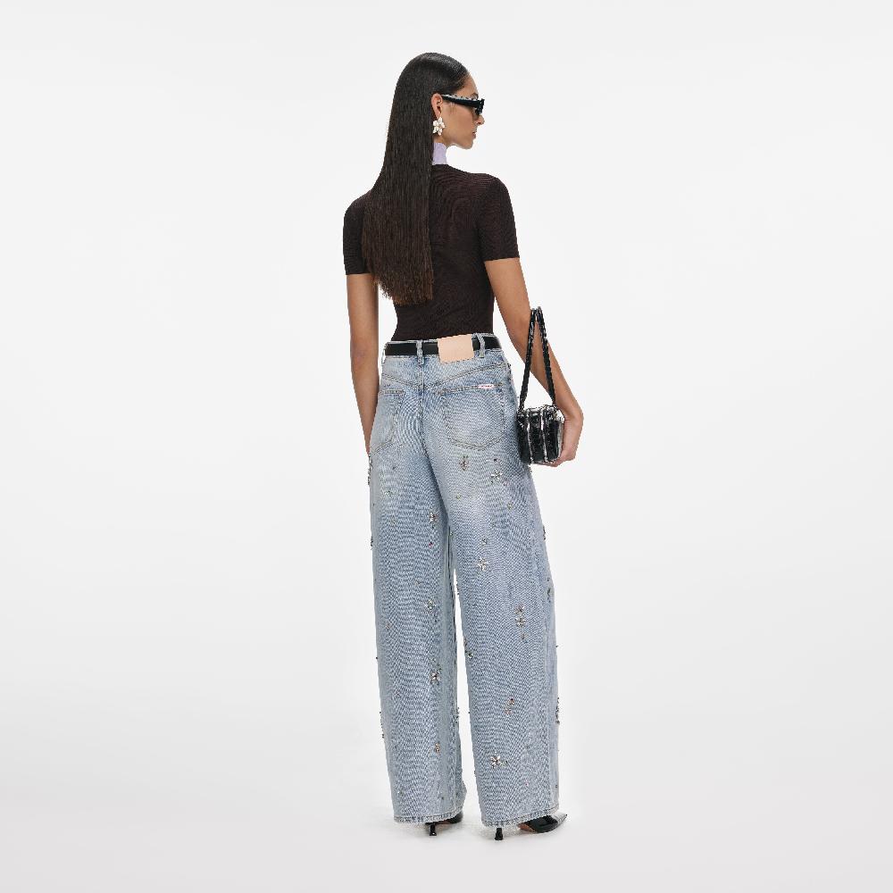 Self Portrait Light Blue Embellished Wide Leg Jeans CLOTHING