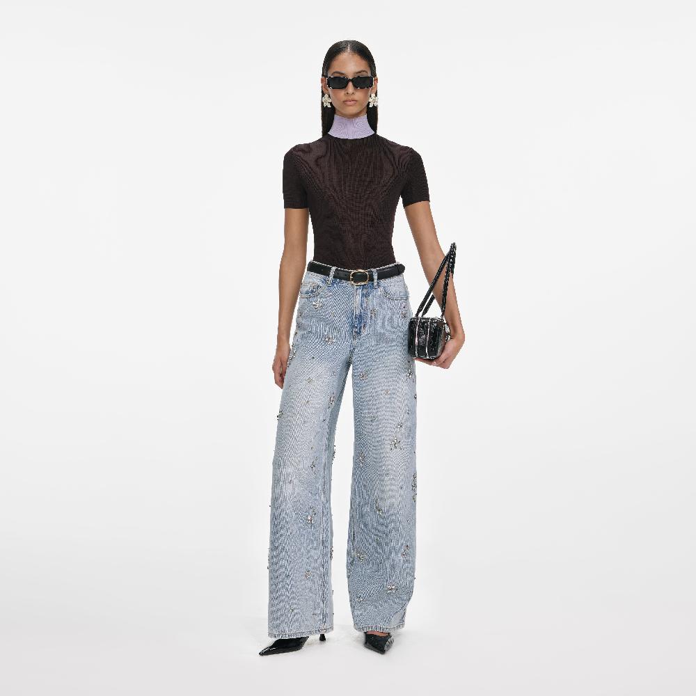 self portrait Light Blue Embellished Wide Leg Jeans CLOTHING