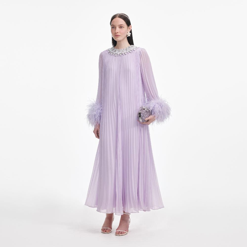 Self Portrait Lilac Chiffon Feather Midi Dress CLOTHING