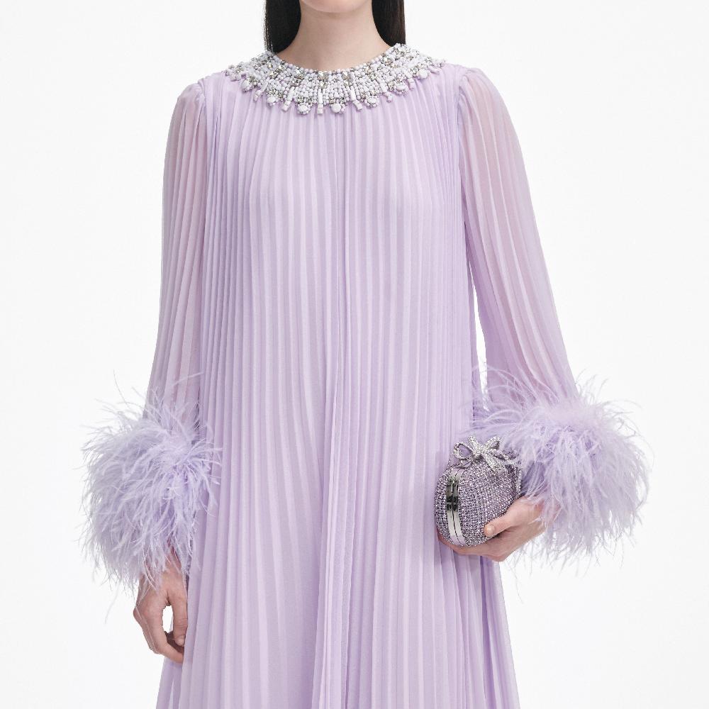 Self Portrait Lilac Chiffon Feather Midi Dress CLOTHING