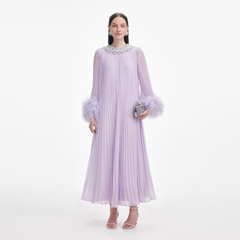 Self Portrait Lilac Chiffon Feather Midi Dress CLOTHING