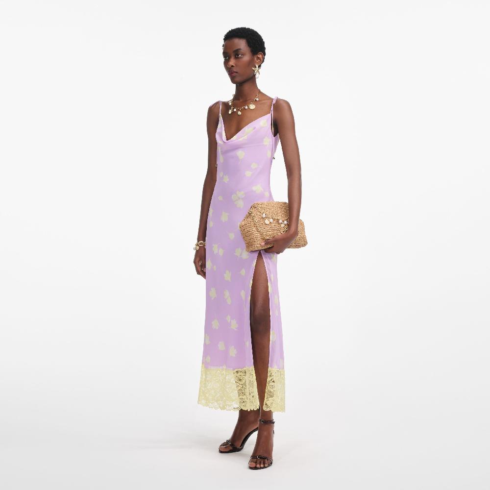 Self Portrait Lilac Floral Chiffon Midi Dress CLOTHING