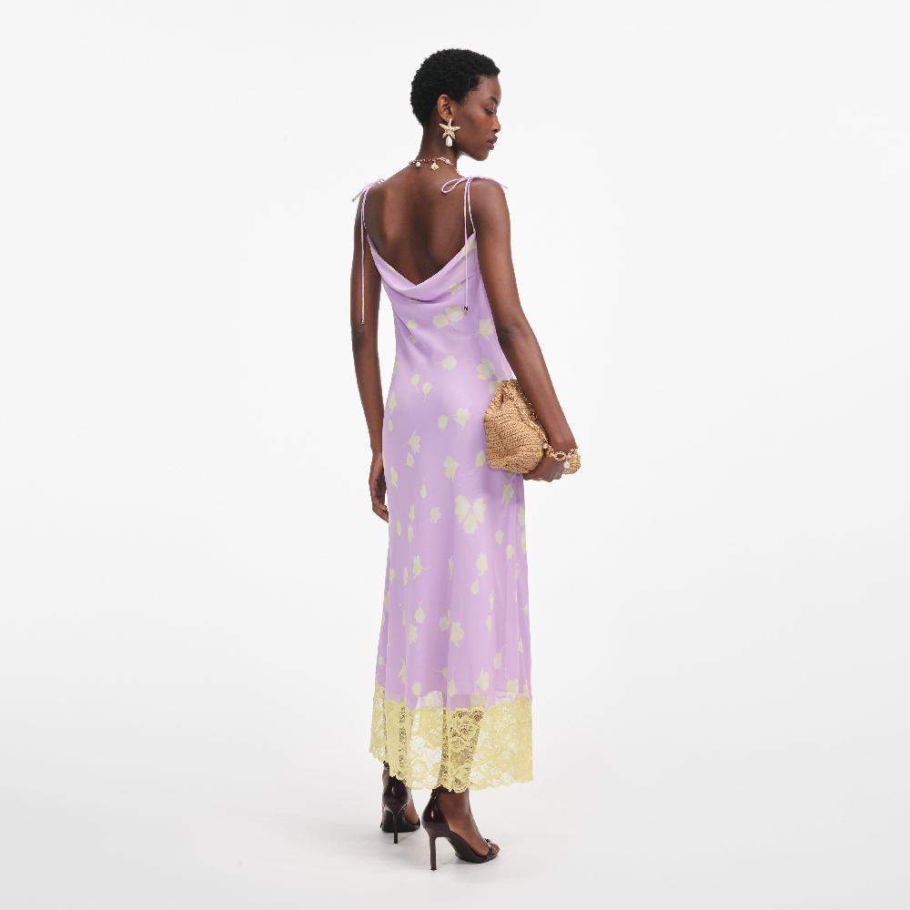 Self Portrait Lilac Floral Chiffon Midi Dress CLOTHING