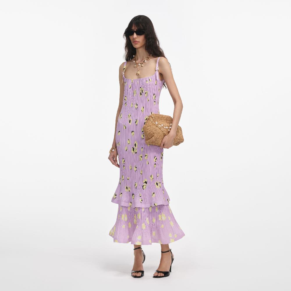 Self Portrait Lilac Floral Plisse Midi Dress CLOTHING