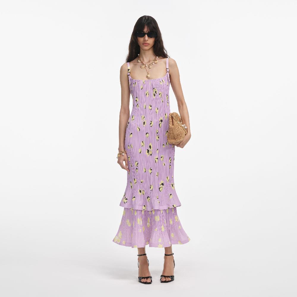 self portrait Lilac Floral Plisse Midi Dress CLOTHING