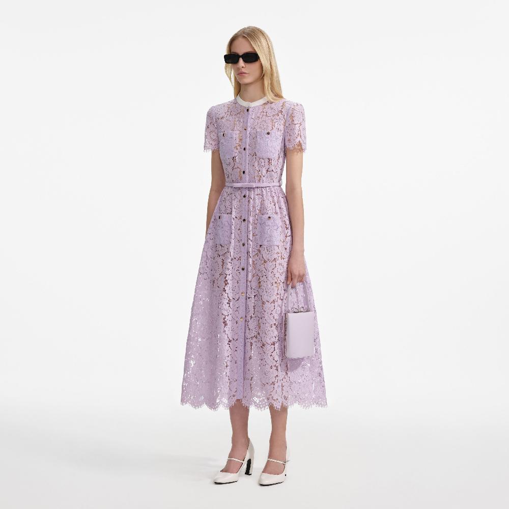 Self Portrait Lilac Lace Button Front Midi Dress CLOTHING