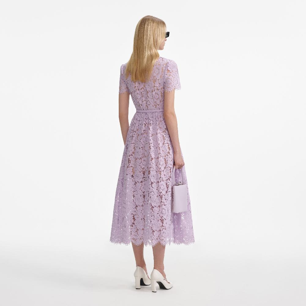 Self Portrait Lilac Lace Button Front Midi Dress CLOTHING