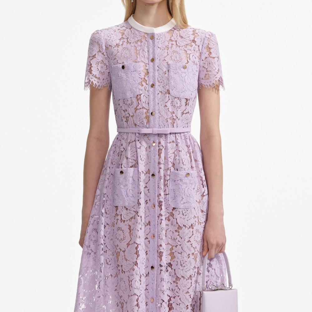 Self Portrait Lilac Lace Button Front Midi Dress CLOTHING
