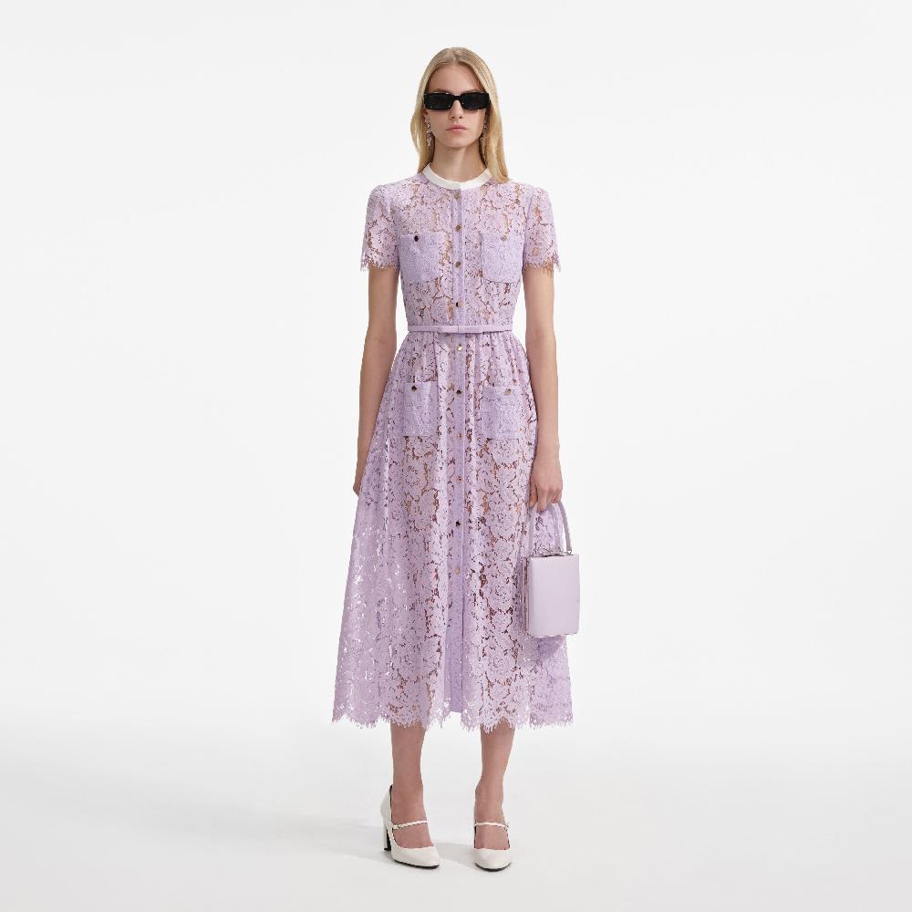 self portrait Lilac Lace Button Front Midi Dress CLOTHING