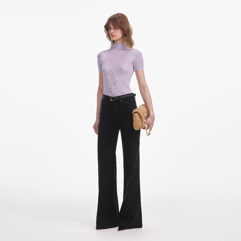 Self Portrait Lilac Viscose Knit Short Sleeve Top CLOTHING