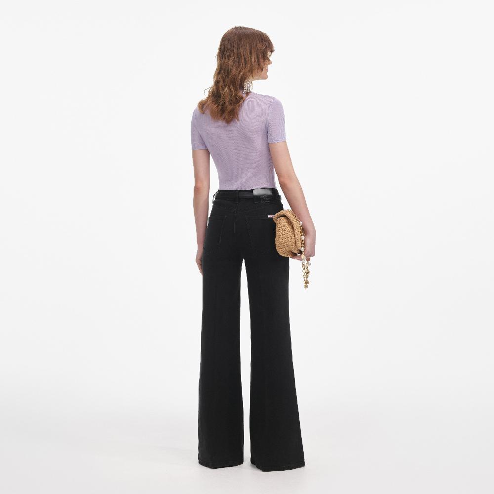 Self Portrait Lilac Viscose Knit Short Sleeve Top CLOTHING