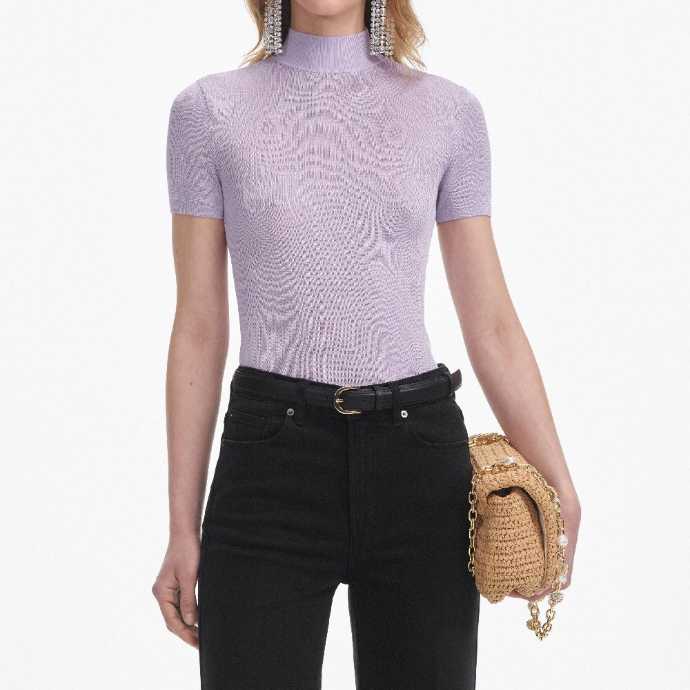Self Portrait Lilac Viscose Knit Short Sleeve Top CLOTHING