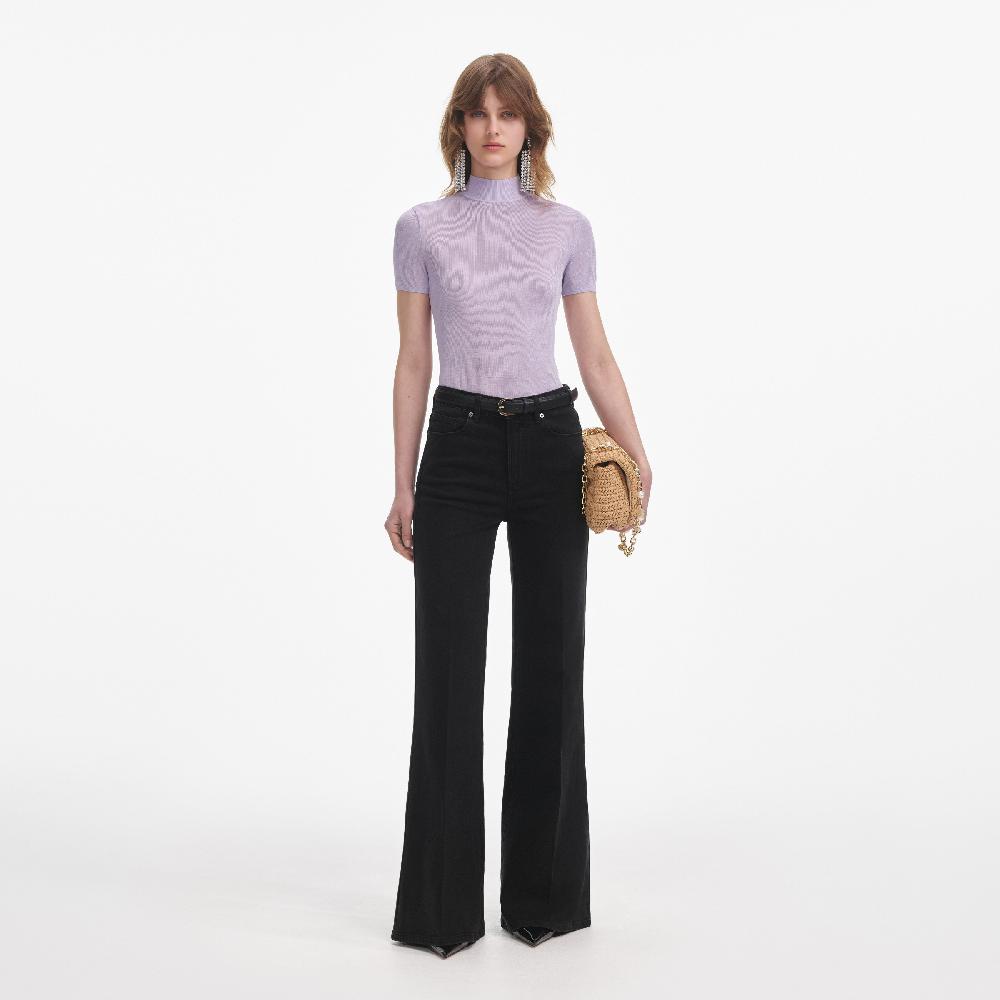 self portrait Lilac Viscose Knit Short Sleeve Top CLOTHING