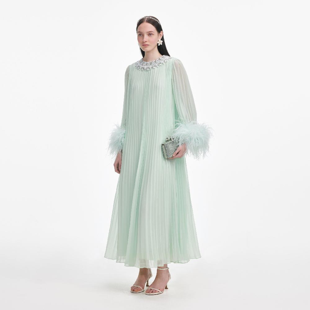 Self Portrait Mint Chiffon Feather Midi Dress CLOTHING