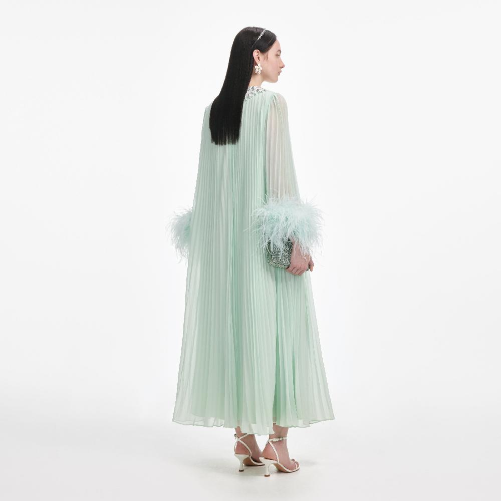 Self Portrait Mint Chiffon Feather Midi Dress CLOTHING