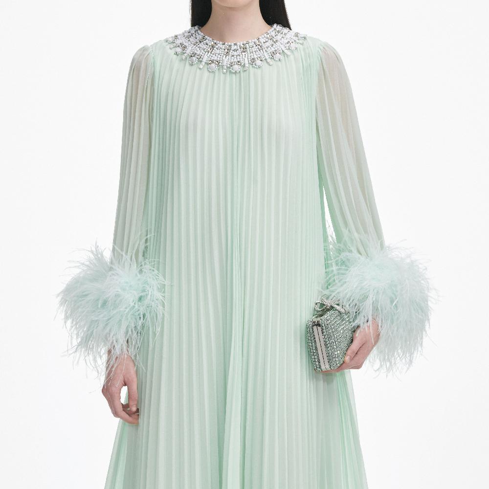 Self Portrait Mint Chiffon Feather Midi Dress CLOTHING