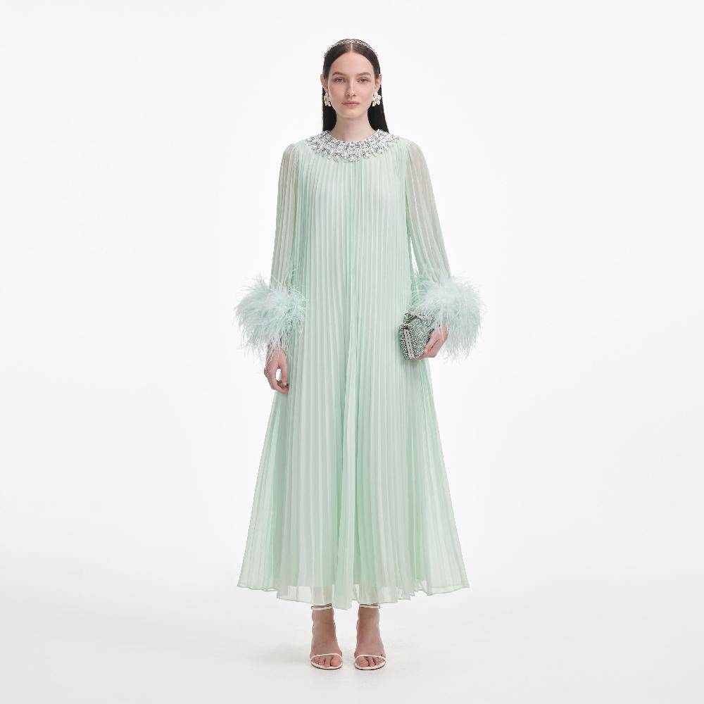 self portrait Mint Chiffon Feather Midi Dress CLOTHING