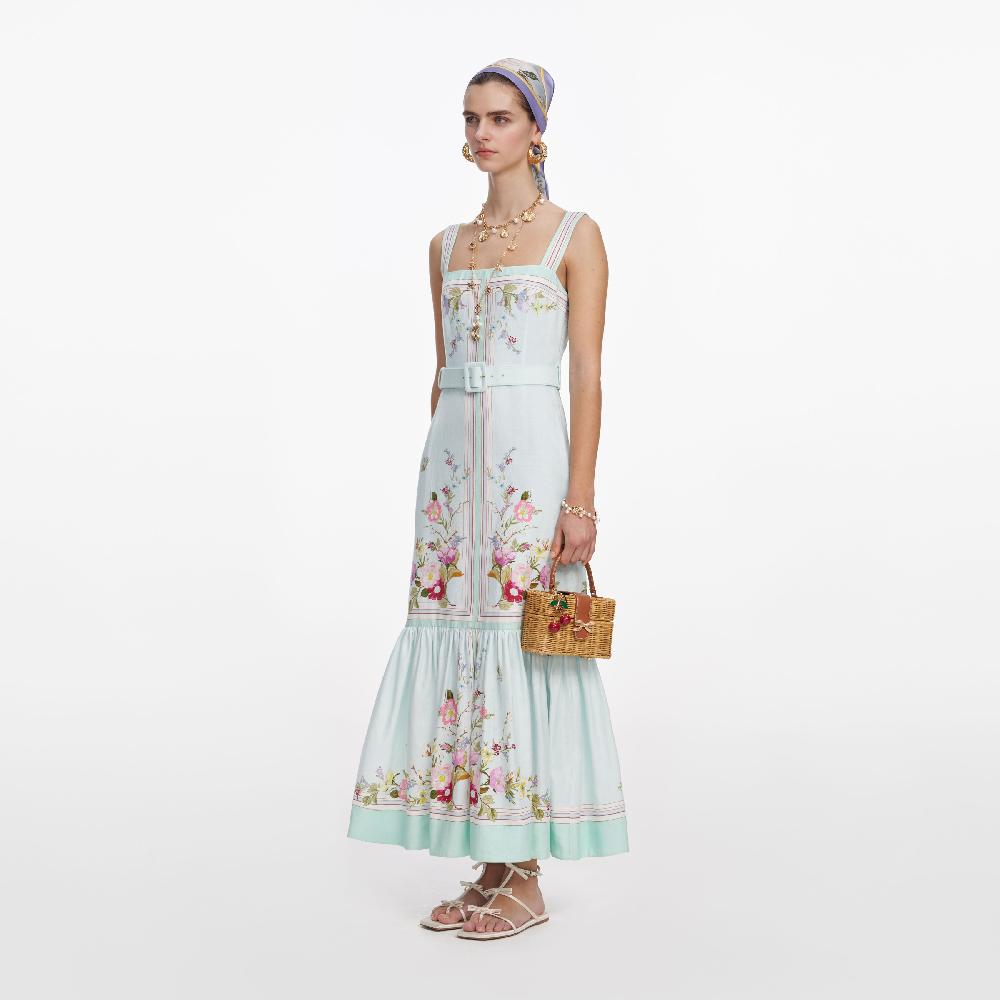 Self Portrait Mint Floral Linen Midi Dress CLOTHING