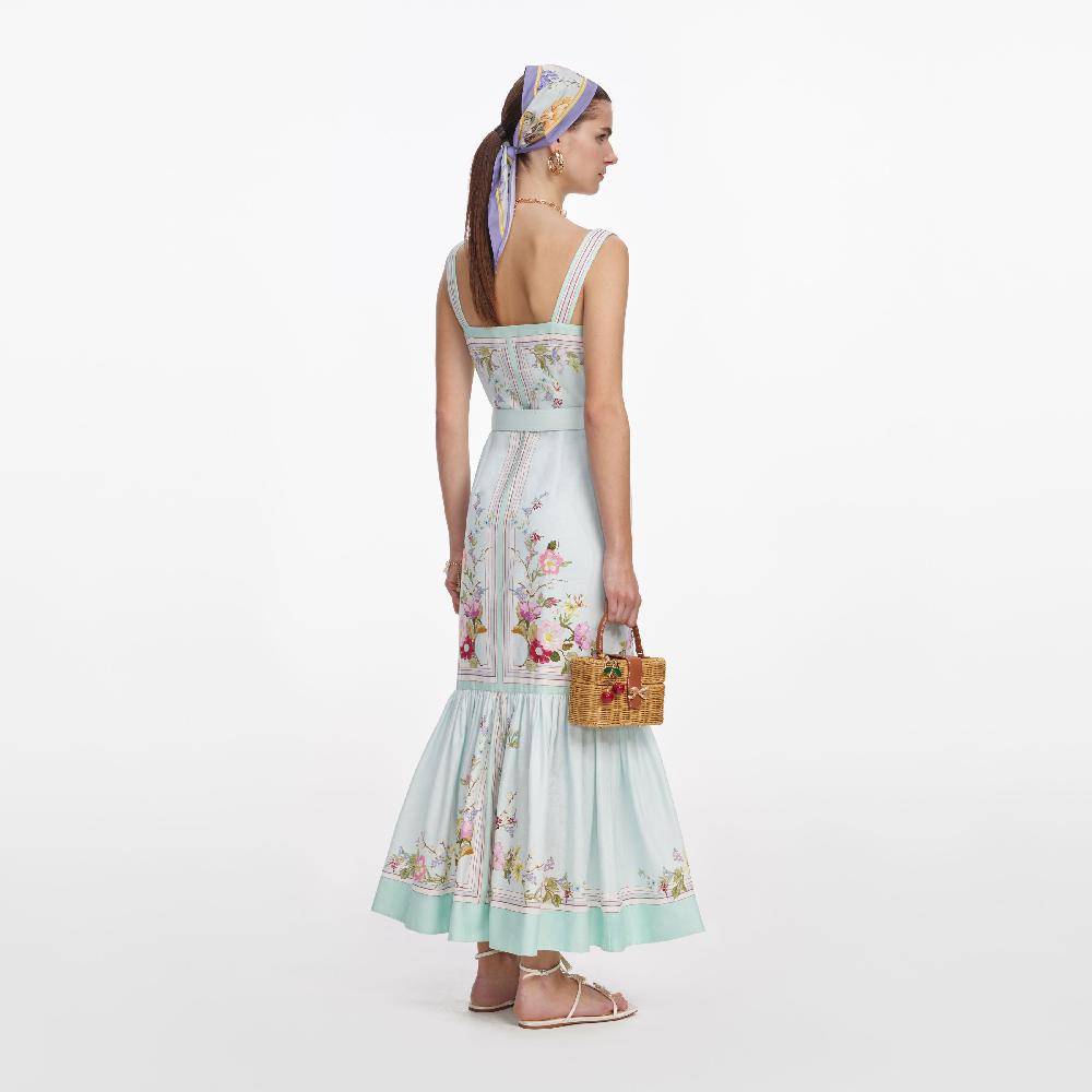 Self Portrait Mint Floral Linen Midi Dress CLOTHING