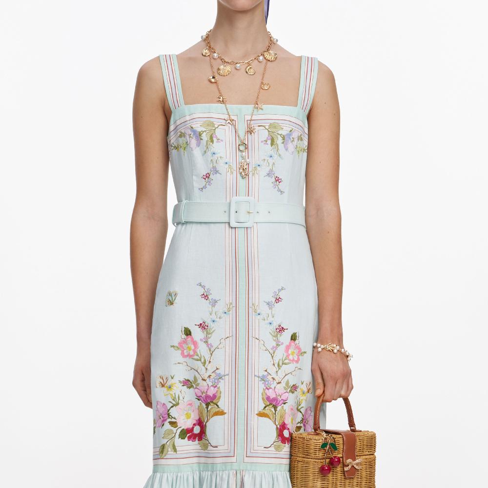 Self Portrait Mint Floral Linen Midi Dress CLOTHING
