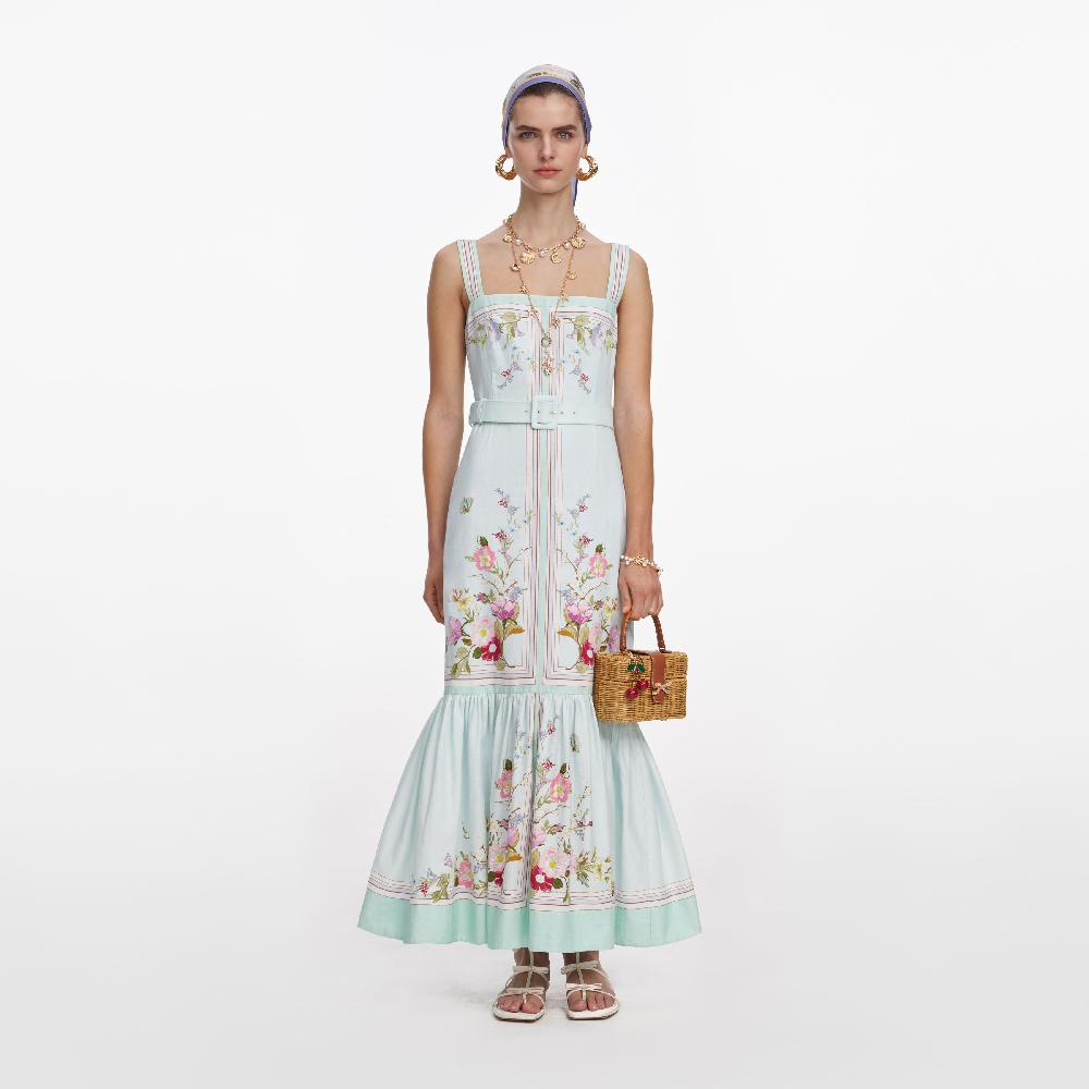 self portrait Mint Floral Linen Midi Dress CLOTHING