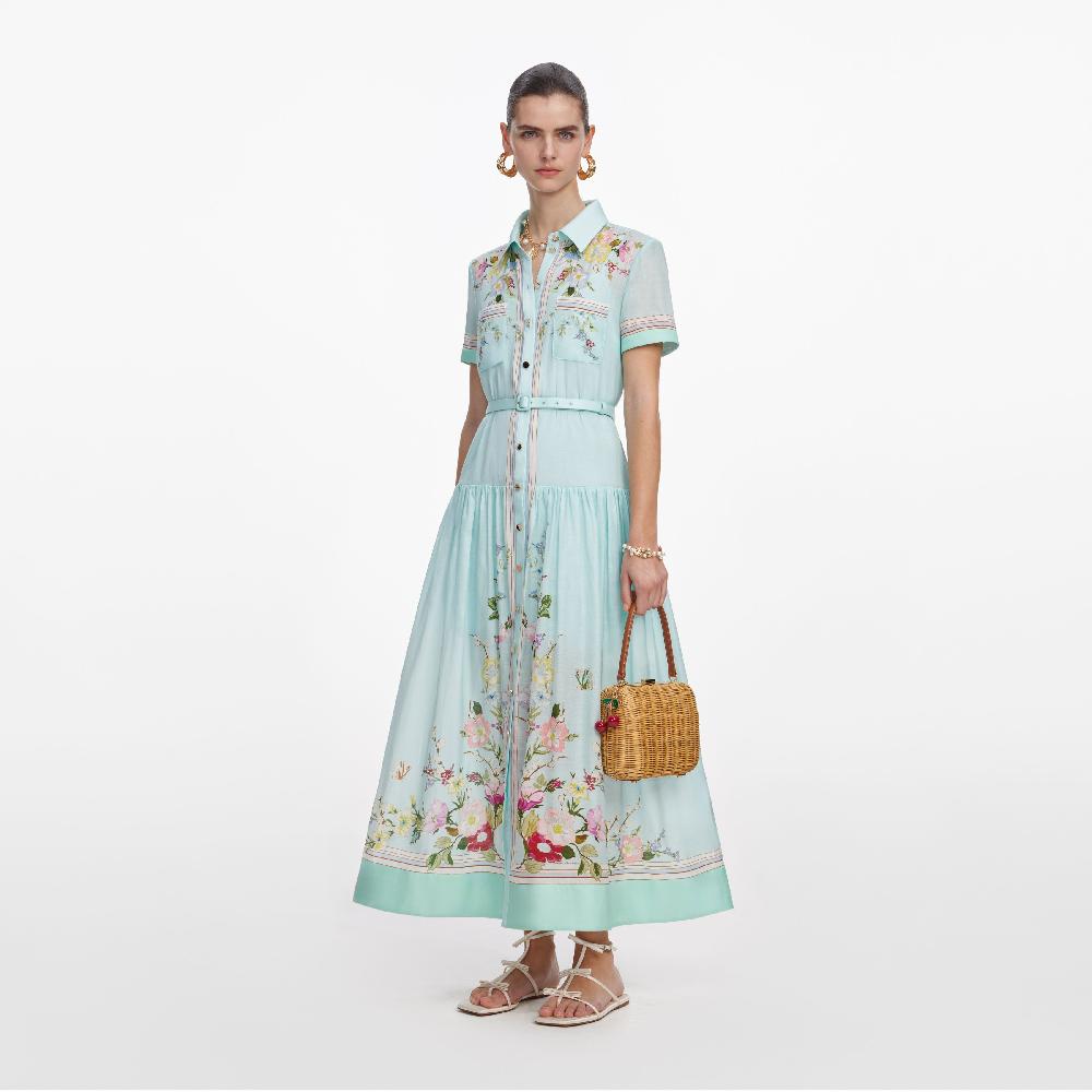 Self Portrait Mint Floral Organza Midi Dress CLOTHING