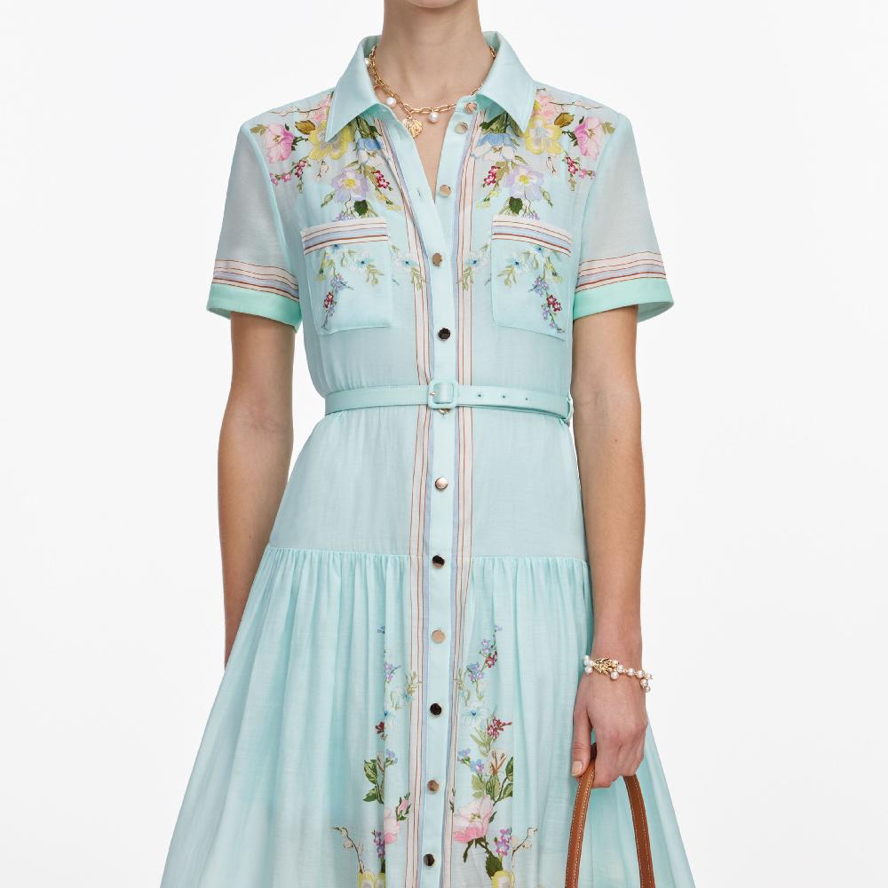 Self Portrait Mint Floral Organza Midi Dress CLOTHING