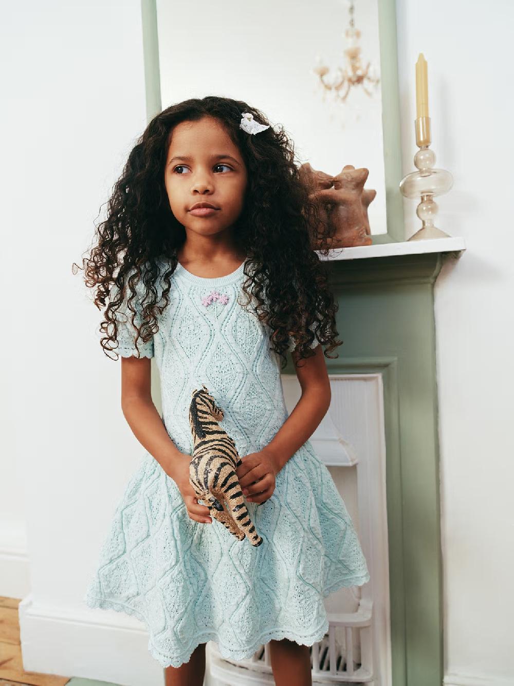 Self Portrait Mint Flower Embroidered Knit Dress KIDS